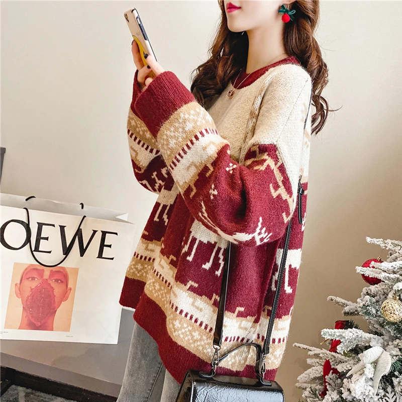 

Christmas Womens Sweaters Long Sleeve Pullover Womens Sweaters Knitted Loose Sweater Plus Size
