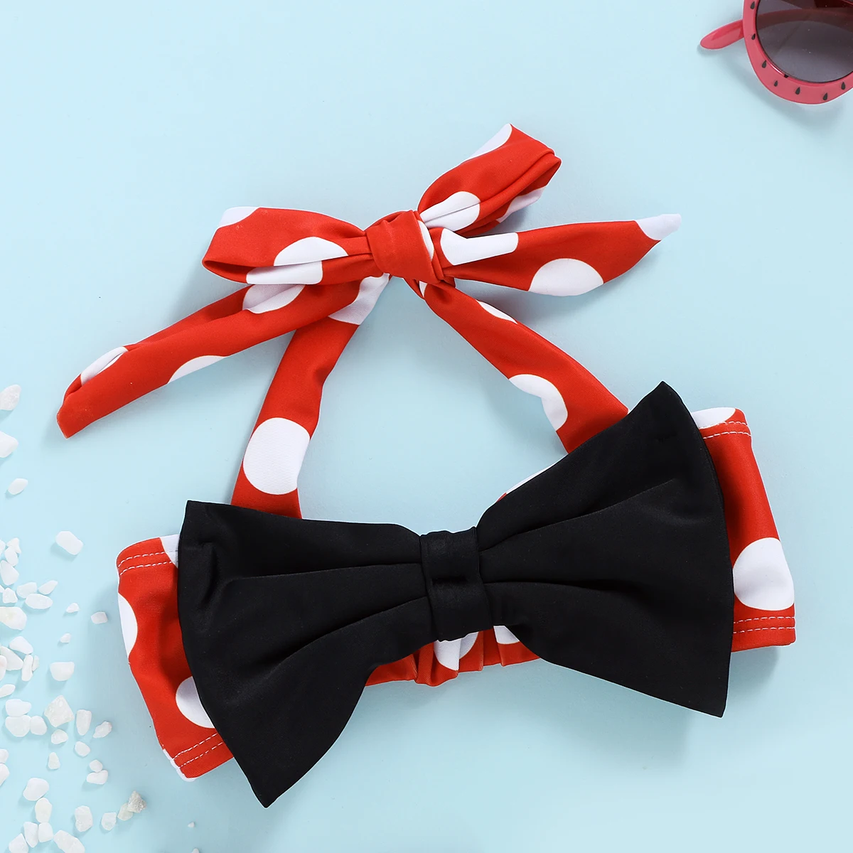 Купальник для девочек красный в горошек из двух частей с бантом и рюшами пляжная