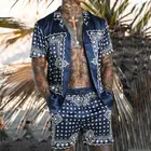 Костюм пляжный мужской из футболки и шортов, гавайский комплект с V-образным вырезом, на пуговицах, спортивный костюм с принтом и карманами, в ретро стиле, на весну-лето