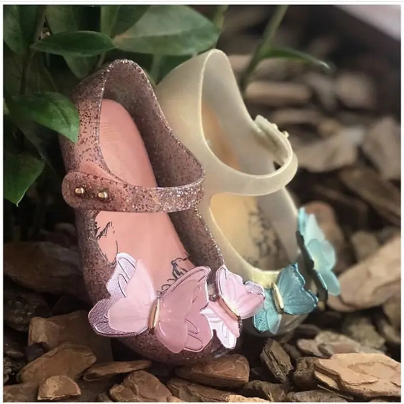 

New 2022 Children's sparkle butterfly jelly shoes original mini melissa princess beach sandals fashion PVC sequin shoes HMI039