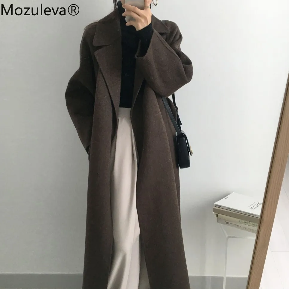 

Mozuleva Retro Winter Loose Women Long Belted Woolen Coats Female Warm Full Sleeve Notched Autumn Oversized Cardigan Overcoats