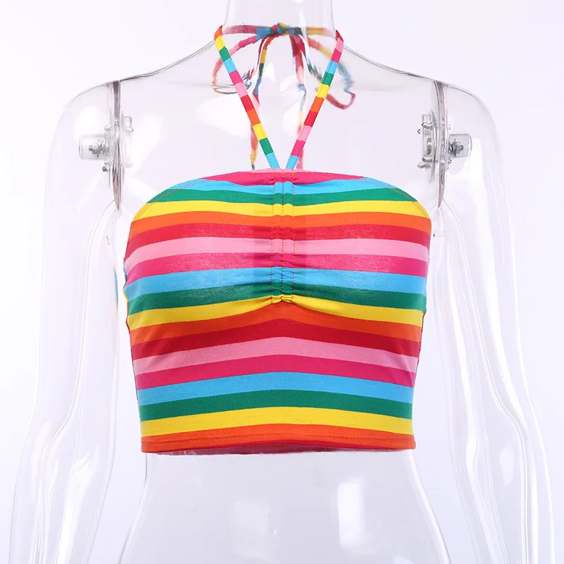 

2020New Women Sexy Rainbow Striped Sleeveless Backless Beach Vacation Hanging Neck Wrap Girl Dance Cropped Tops Vest Crop Tops