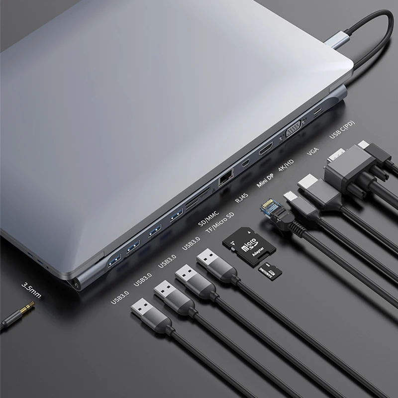 Leitor de Cartão Conversor de Hub para 4k Conversor Rápido Multifuncional mm Hdmi Minidp Vga sd tf Rj45 Ethernet Usb 3.5