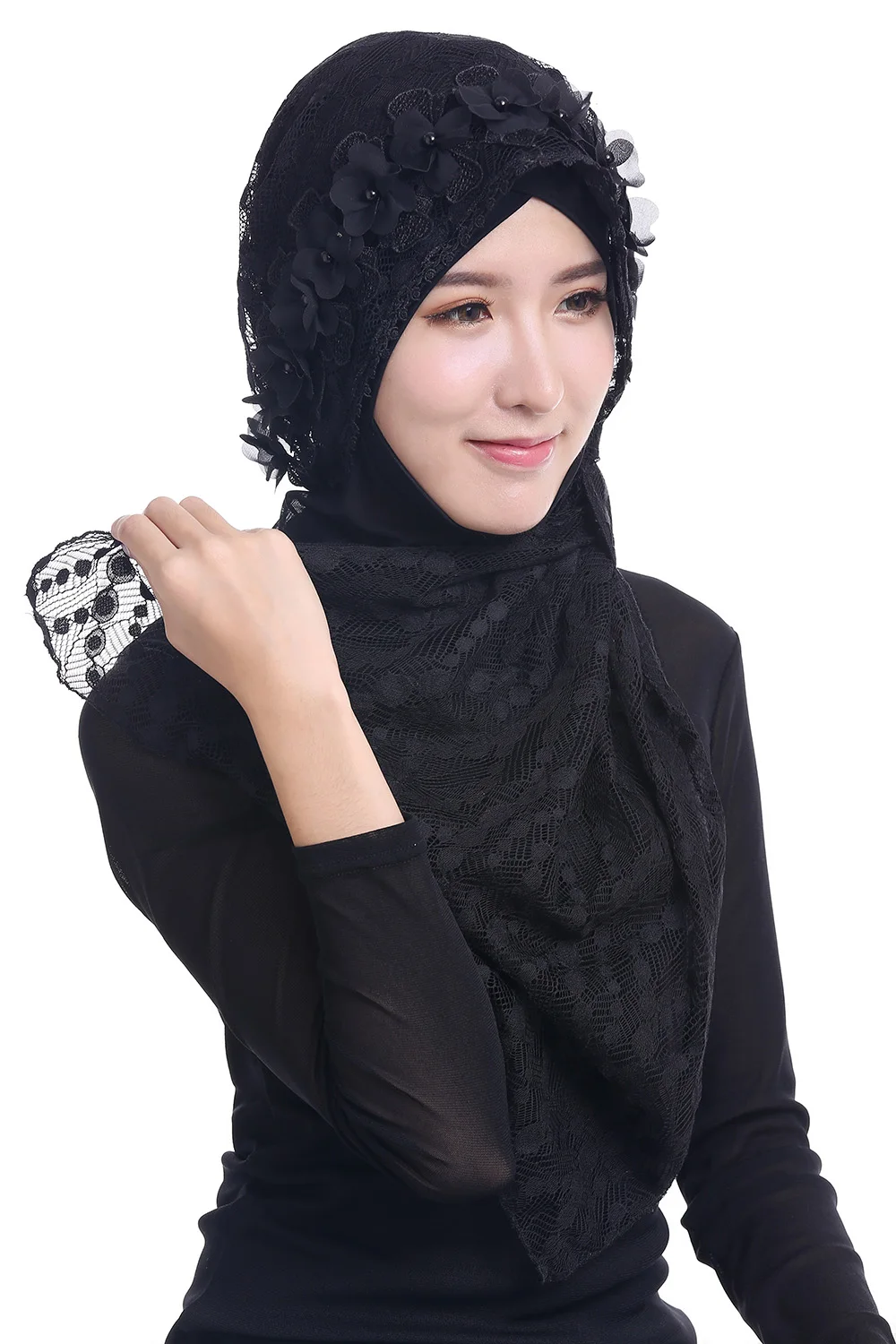 Женский мусульманский кружевной цветок жемчуг однотонный длинный шарф хиджаб