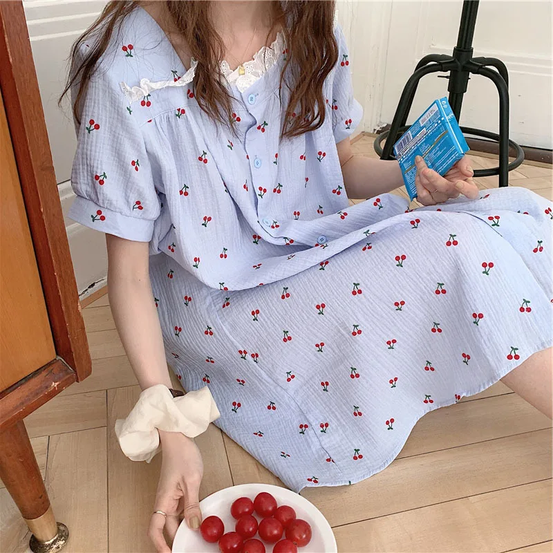 2021 Summer New Cotton Gauze Nightgown Women Lace Sleeping Dress Female Nightdress Short Sleeve Home Wear Lady Sleepwear