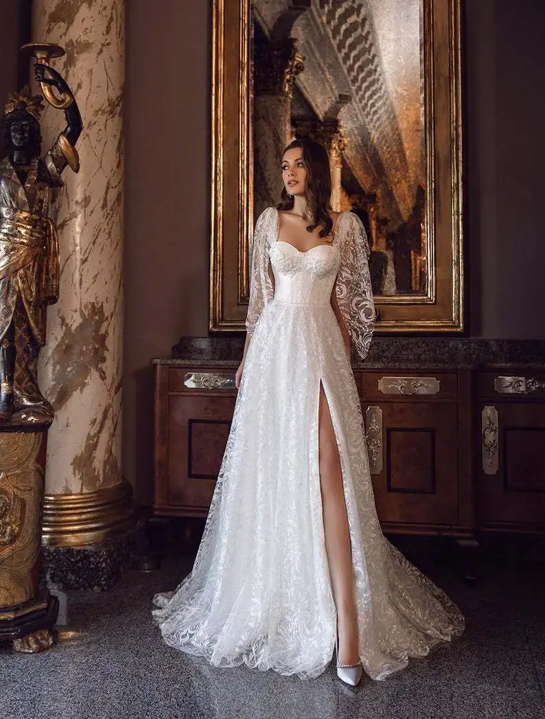 

2021 Autumn Winter Women's V-Neck Long Sleeved High Split Evening Party Dresses Lace Patchwork Dress Mujer Vestido