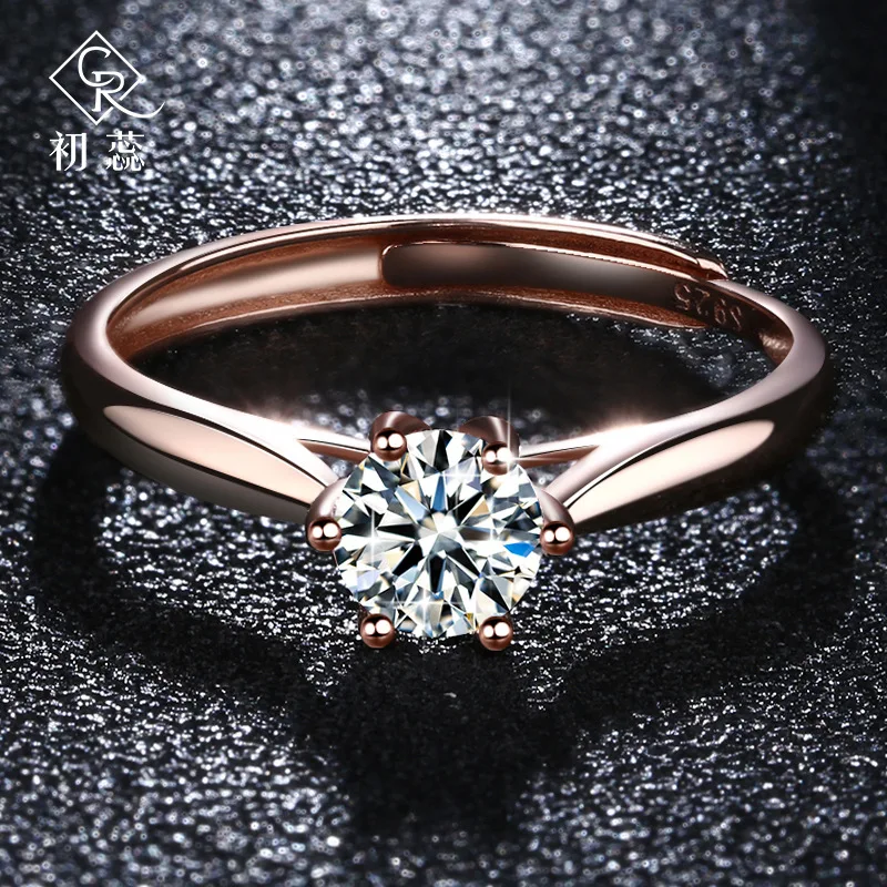 

S925 pure silver mosang diamond ring for women's classic six claw opening imitation diamond mosang stone ring for girlfriend D38
