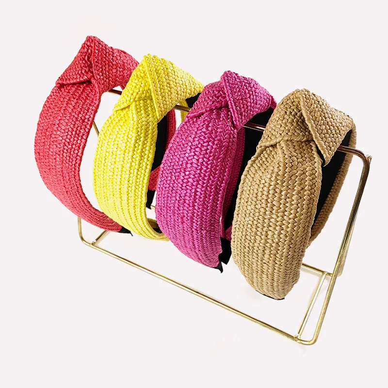 Многоцветный Плетеный ободок из рафии темпераментные широкие боковые