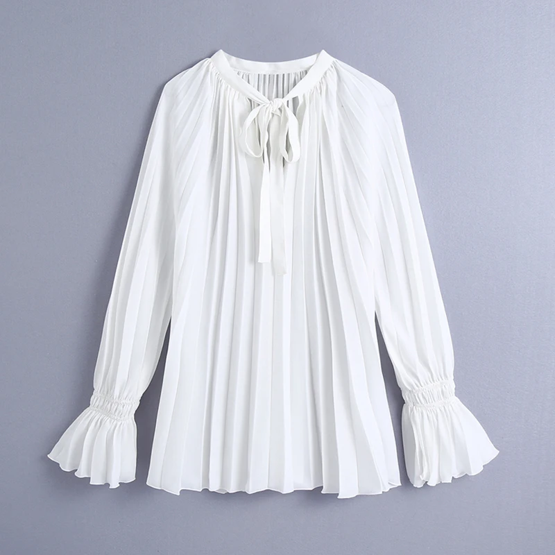 

OLOMM Bow Long-Sleeve Pleated Shirts For Female Spring O-Neck Lace Long-Shirt 2021 New Fashion British Elastic Cuffs Top Women