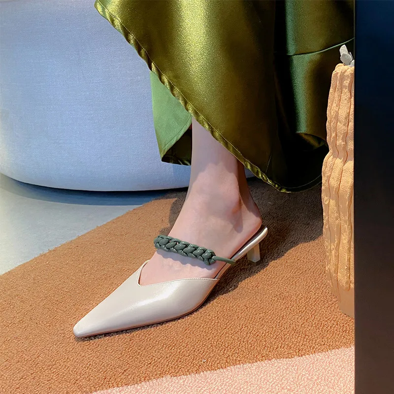 

MEMUNIA Big Size 41 Slipper Women High Heels Party Wedding Shoes Pointed Toe Weave Summer Slipper Women Genuine Leather Shoes