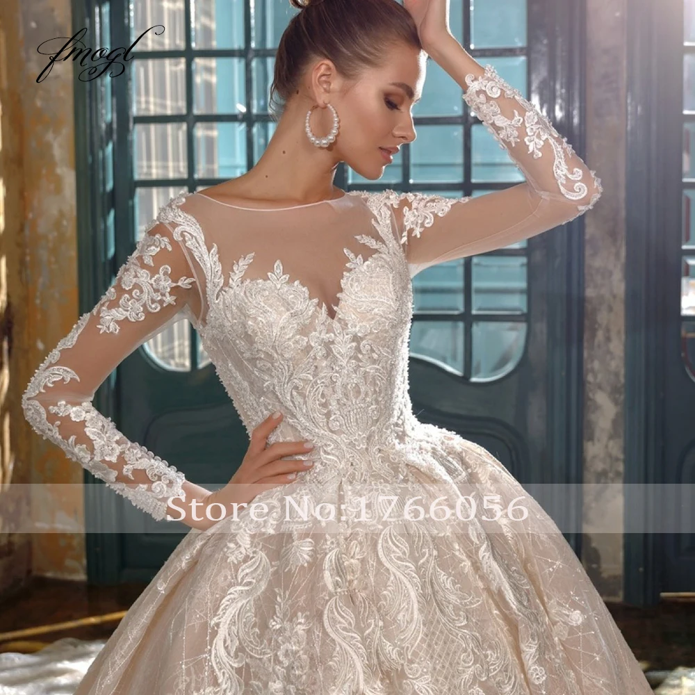 

Fmogl Sexy Illusion Long Sleeve Lace Ball Gown Wedding Dresses 2020 Luxury Appliques Beaded Chapel Train Vintage Bridal Gowns