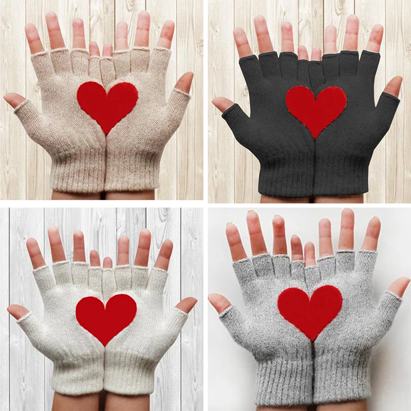 

Lovely Lady Love Heart Fingerless Gloves Women Men Knitted Black Half Finger Computer Mittens Warm Couples Gloves Friend Gifts