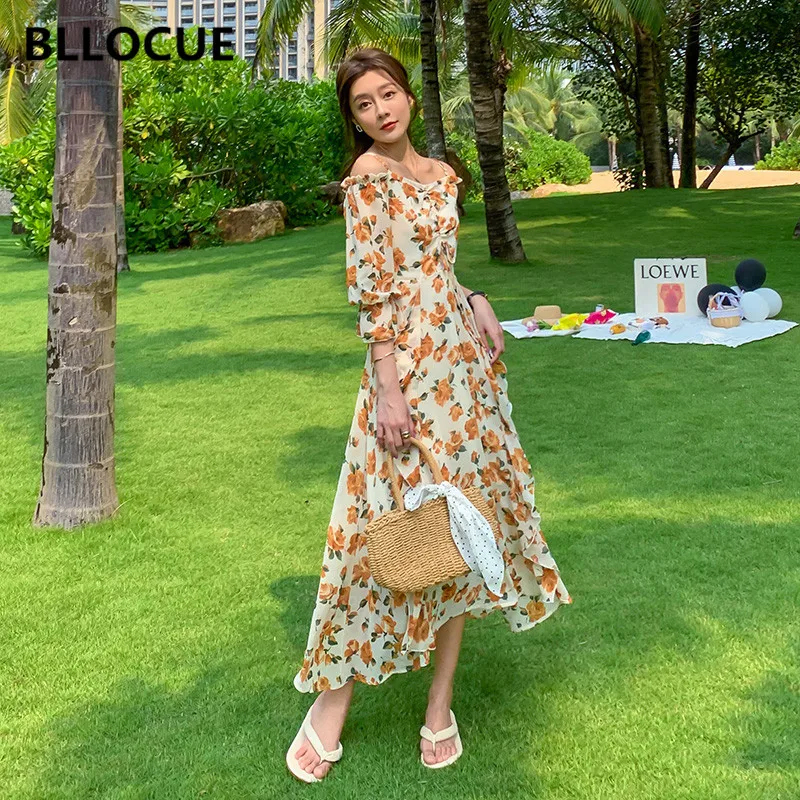 

BLLOCUE Runway Summer Ruffles Dress Women Off the Shoulder Spaghetti Strap Dress Female Floral Print Holiday Elegant Dresses