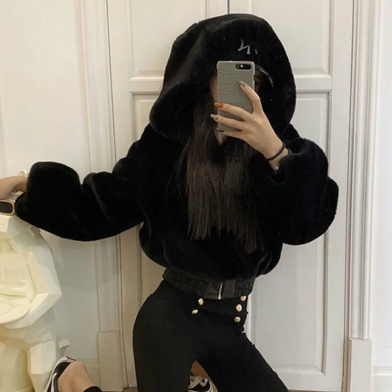 

Faux Rabbit Fur Bomber Teddy Coat Women's Plush Jacket Cardigan Zipper High Waist Hooded Fleece Parkas Streetwear Autumn Winter