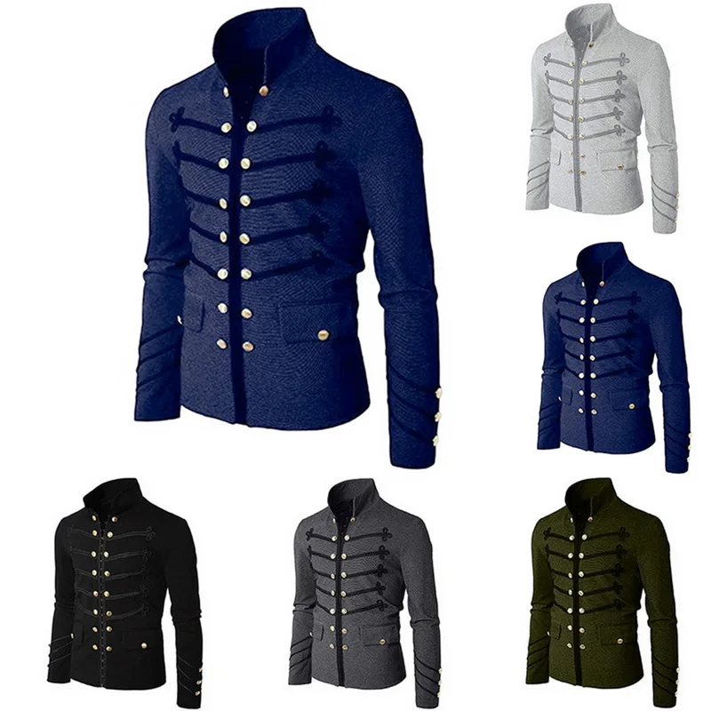 Men's Stand-Up Collar Gothic Jacket Coats Double Button Decorated Coats Uniform Costume Praty Coat Outwears Casual Streetwears