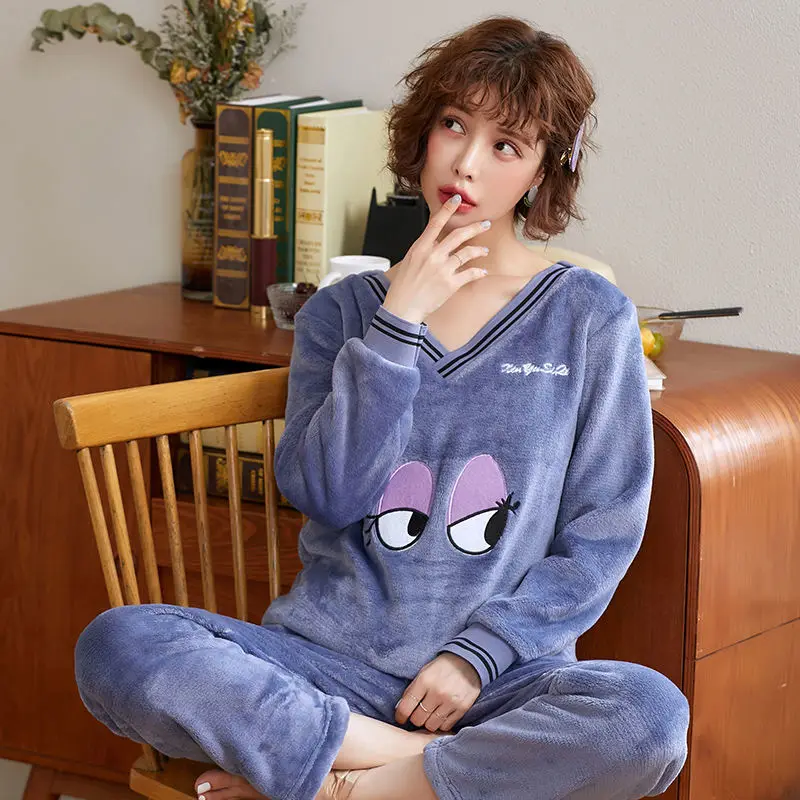 Blue sleepwear Пижамы женские большие размеры пижамы из плотной ткани женские теплые длинные осенние пижамы зимний домашний костюм женская пижама домашний L-XXL - Color: Blue sleepwear