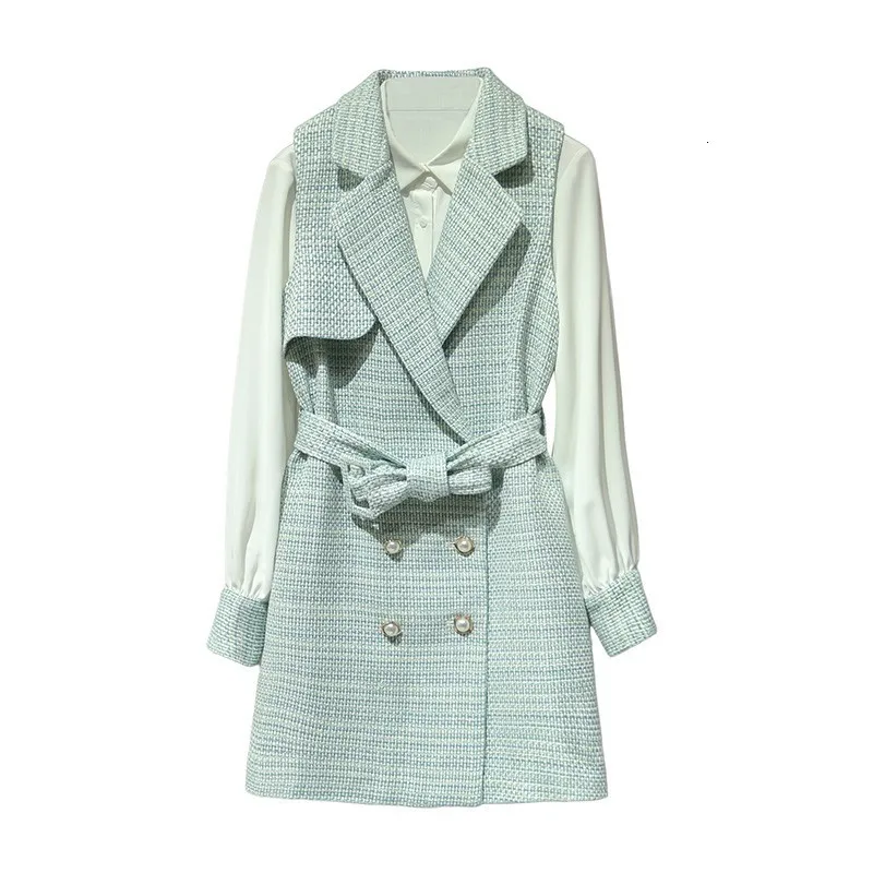 

Patchwork Long Sleeve Shirts Dresses Double Breasted Sashes Sleeveless Waistcoats Womens Autumn Elegant Two Pices Dress Outfits