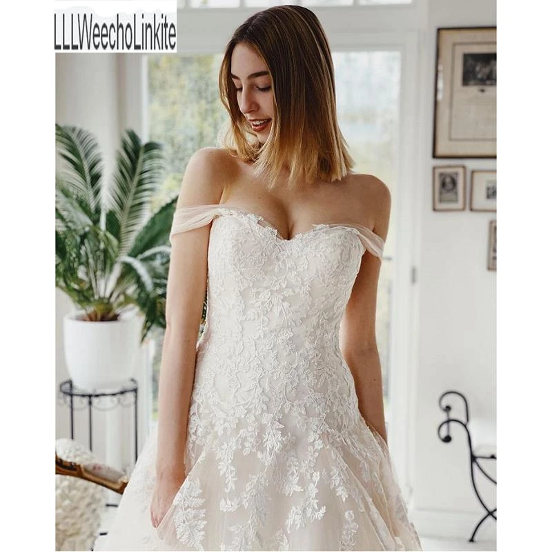 

Ivory Lace Tulle Off The Shoulders Princess A-Line Wedding Dresses Chapel Train Sleeveless Bridal Gowns Custom Made
