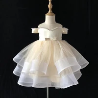 light champagne puffy flower girl dresses off shoulder tiered tulle baby girl birthday party dress