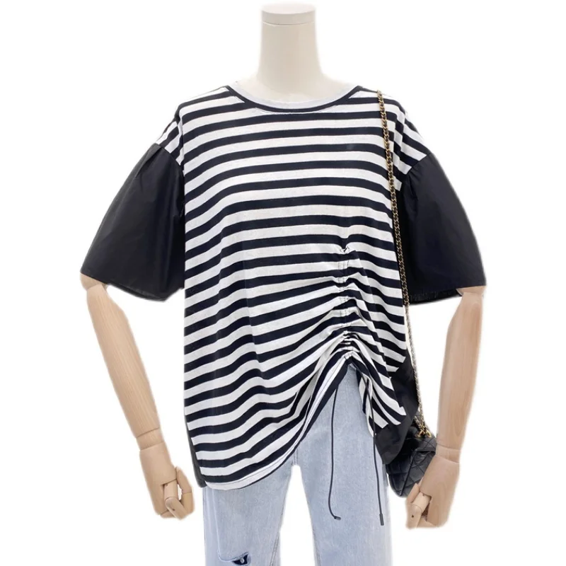 

Summer Preppy Style Round Neck T Shirt Lady Striped Stitching Loose Oversized T Shirt Women's Short Sleeve Drawstring Base Top