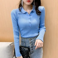button turn down collar women sweater elastic solid autumn woman clothes slim cropped sweaters knitted pullover pull femme hiver