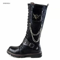 new high quality punk rock boots high tube mens leather boots skull chain lace up cowboy boots thick soled fashion stage mar