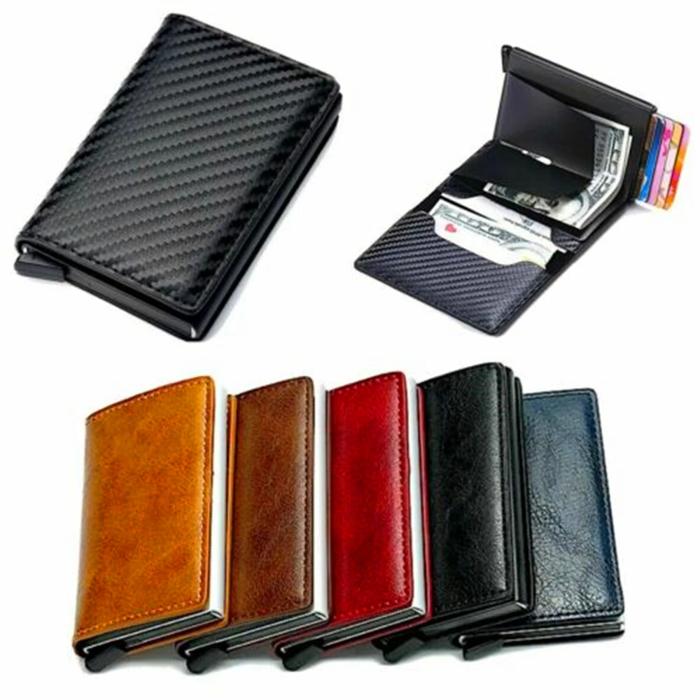 

New Men Rfid Wallet Metal Case Aluminum Double Box Leather Credit Card Holders For Women Slim Anti Protect Travel ID Clip Purse
