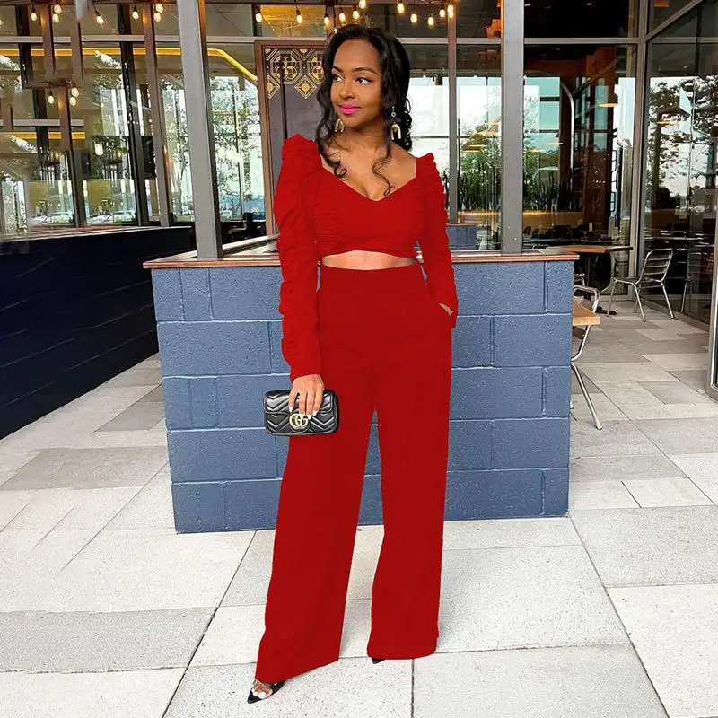 

2021 Autumn Sexy Two Piece Set Women Solid Folds Long-sleeve loose Crop Top+Pants Sets Club Outfits Streetwear Wholesale Items