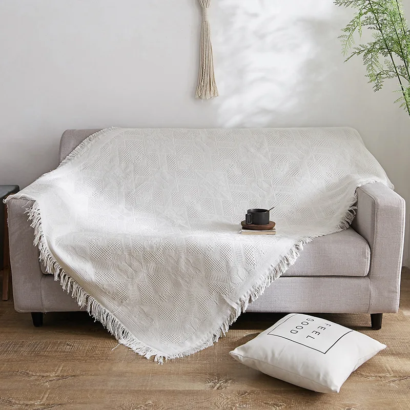 

Solid White Sofa Blanket Cover Knitted Throw BlanketTassel With Cotton Travel Blanket Airplane Jacquard Blankets For Sofa Bed