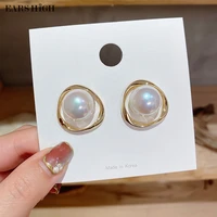 ears high new japan elegant shell pearl ball stud earrings for women girls hollow metal circle boucle doreille jewelry gifts