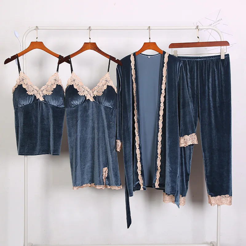 

Pink Autumn Winter Warm 4 Pieces Pajamas Set Women Sexy Pajamas Sleepwear For Women Sleeveless Strap Nightwear Long Pant Robe