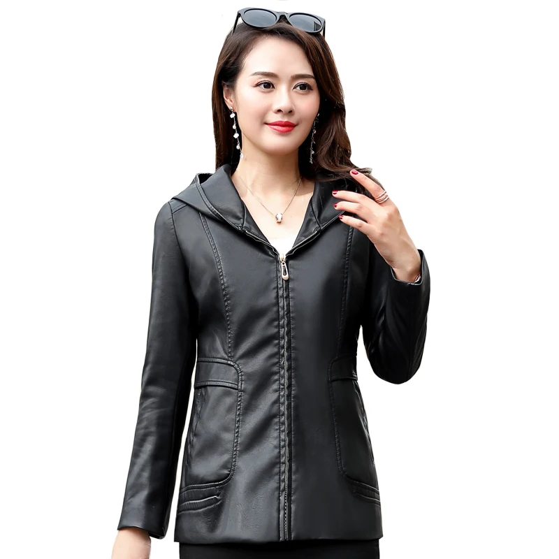 Осенне-зимнее пальто из искусственной кожи с капюшоном тонкая мягкая Толстая