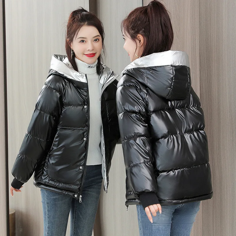 

Glossy Winter Woman Hooded Thick Warm Jacket Female Down Cotton Parkas Plus Size Casual Loose Puffer Coat Ladies Outwear S186