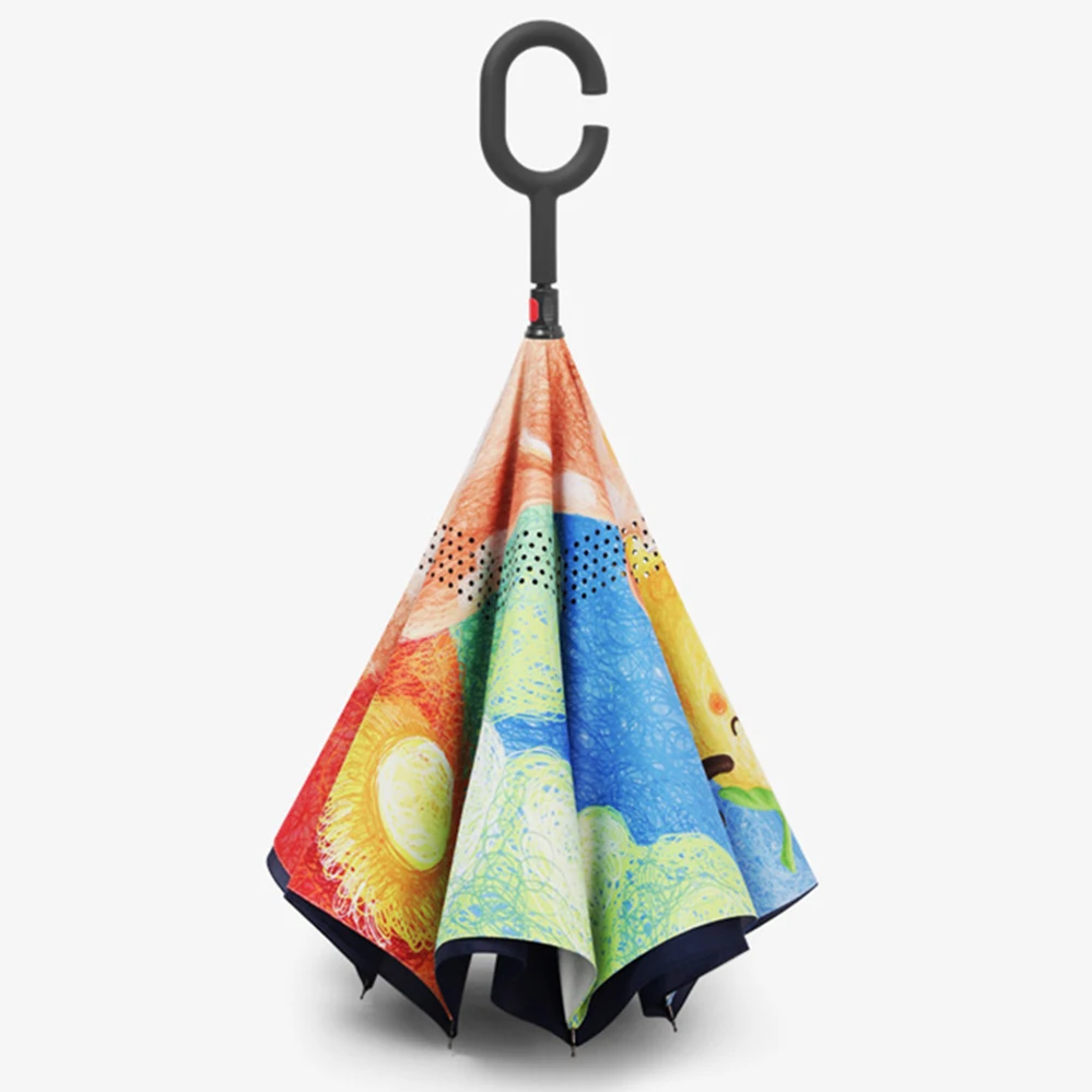 Мультяшный Зонт с обратной стороны детский Ветрозащитный 8 ребрами и длинной