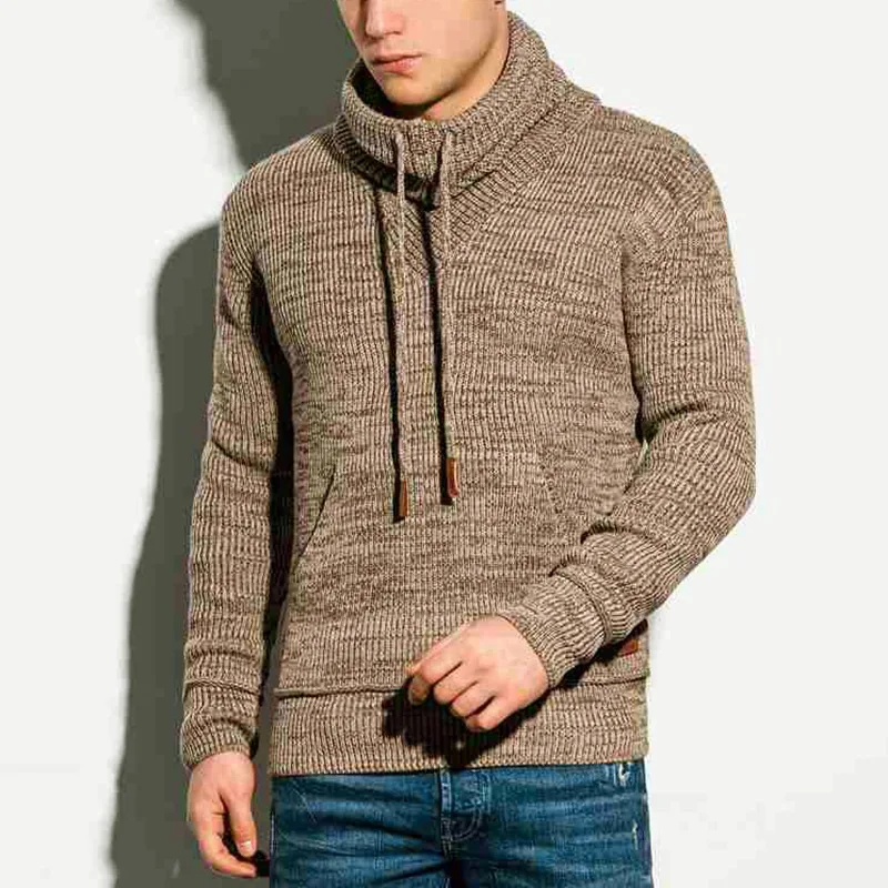 

E-BAIHUI Sweater Male Solid Casual Drawstring Pullover High Street Knitted Turtleneck Long Sleeve Jumpers Oversized Knitwear Top