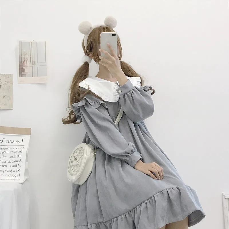 Осенне-зимнее Повседневное платье в стиле Лолиты Kawaii, новое японское милое ретро платье с кукольным воротником, свободное плиссированное платье с длинными рукавами
