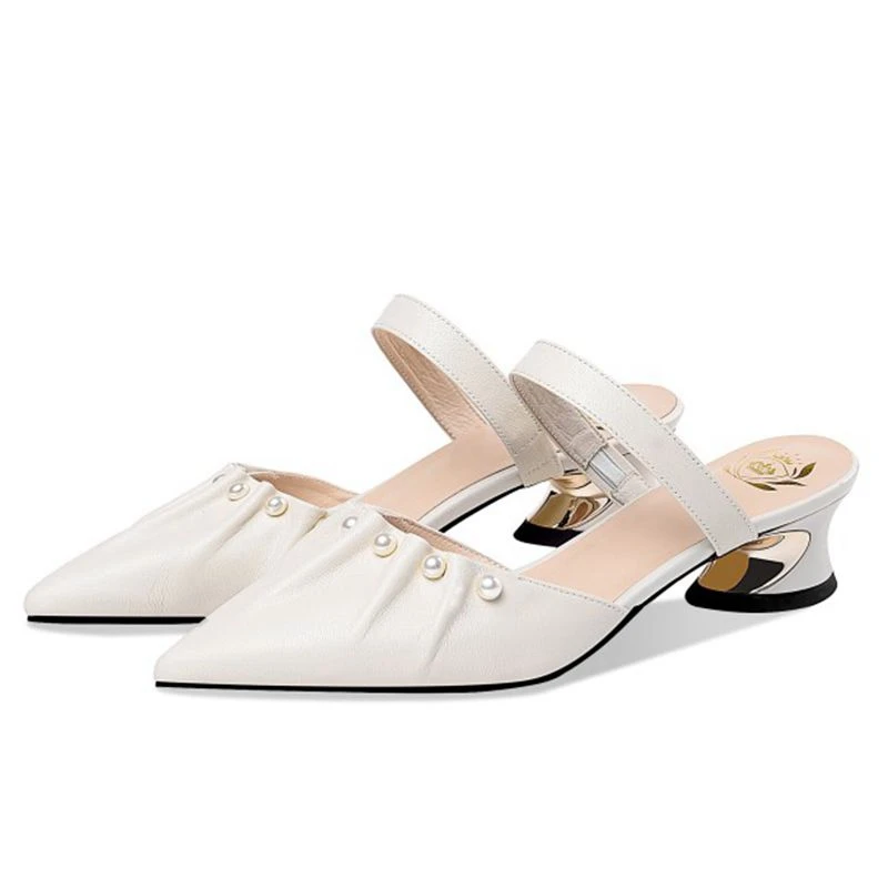 ?? 奪う猫サイズ42牛革4センチメートル低ヒールポインテッドトゥリベット真珠の王女スタイルスリングバックバックルストラップスリッパ女性B2628