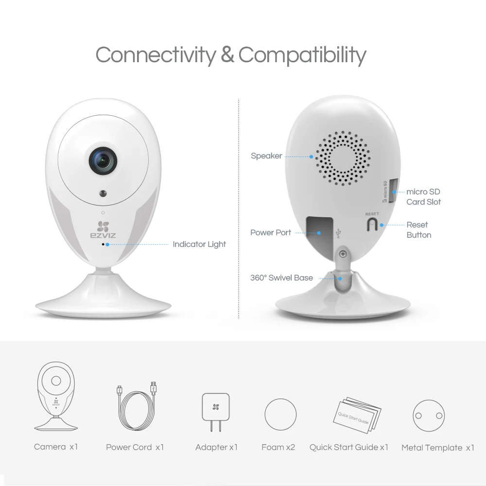 Камера домашняя EZVIZ CTQ2C 1080p 2 4G Wi-Fi Full HD двусторонняя связь ночное видение до 10 м |