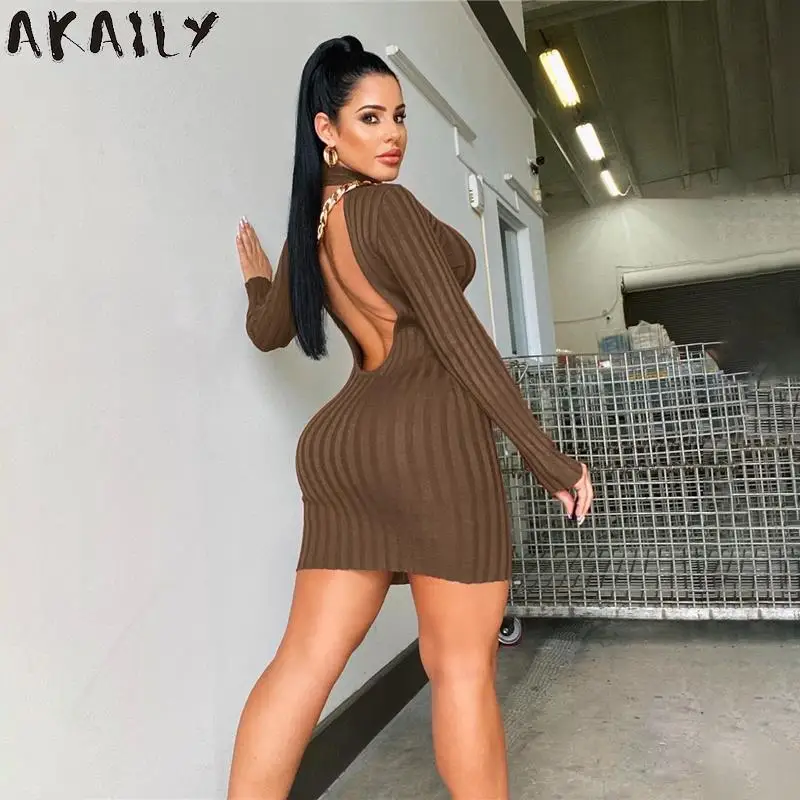 

Akaily Autumn Brown Knit Sexy Dresses Club Outfits For Women 2021 Black Turtleneck Backless Bodycon Dress Ribbed Mini Dress