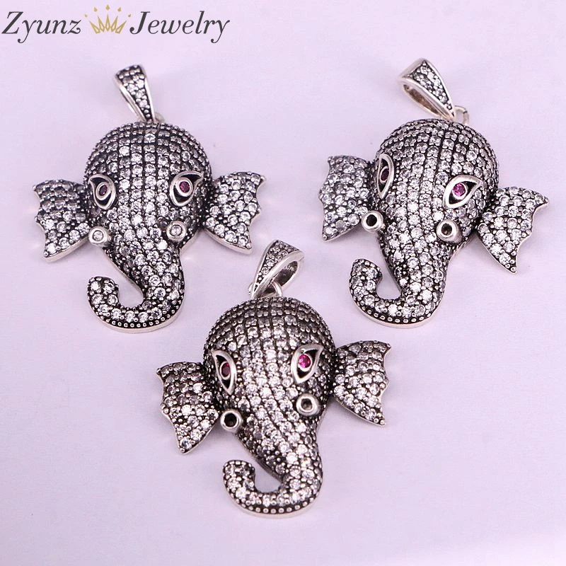 5PCS, Clear CZ Cubic Zirconia Elephant Head Pendant Necklaces Genuine Vintage Silver Color For Women Jewelry Party Gift