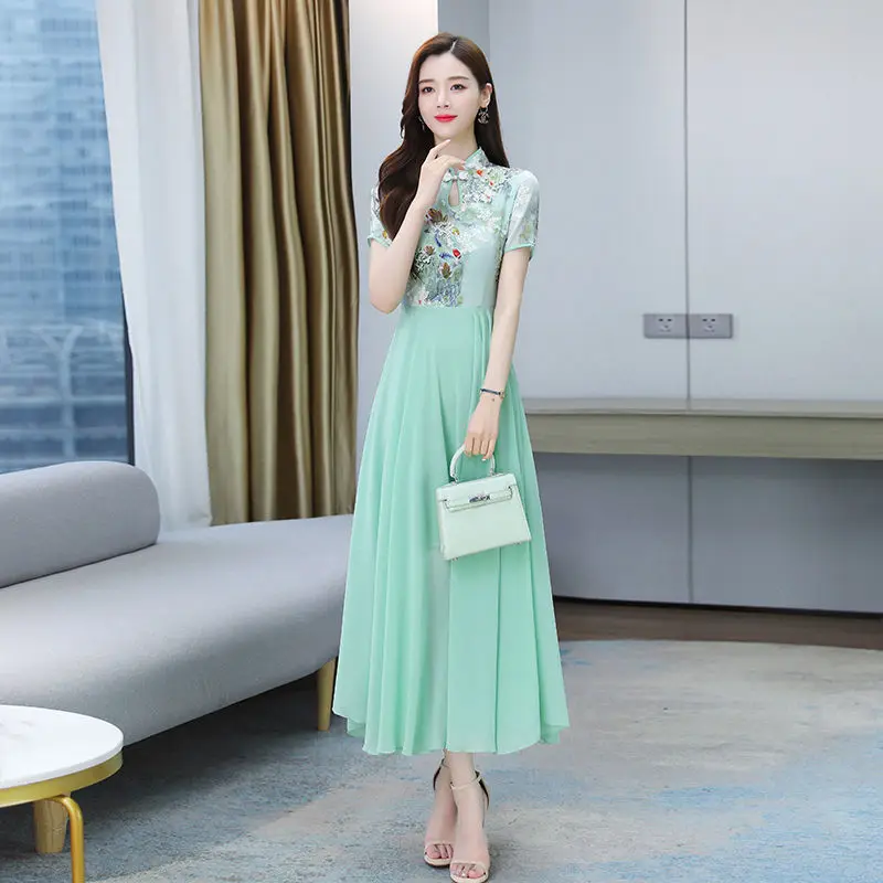 

Women Summer Designer Elegant Floral Chiffon Long Dress Party Robe Female Vintage Chinese Style Improved Cheongsam Dress Vestido
