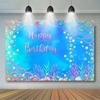 under the sea mermaid backdrop girls birthday party decoration pearls and gold glitter coral blue background