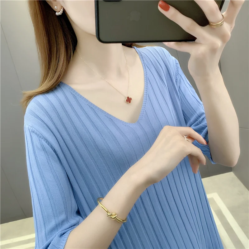 

19847 make ice silk pure color V collar short sleeve turtleneck sweater 31