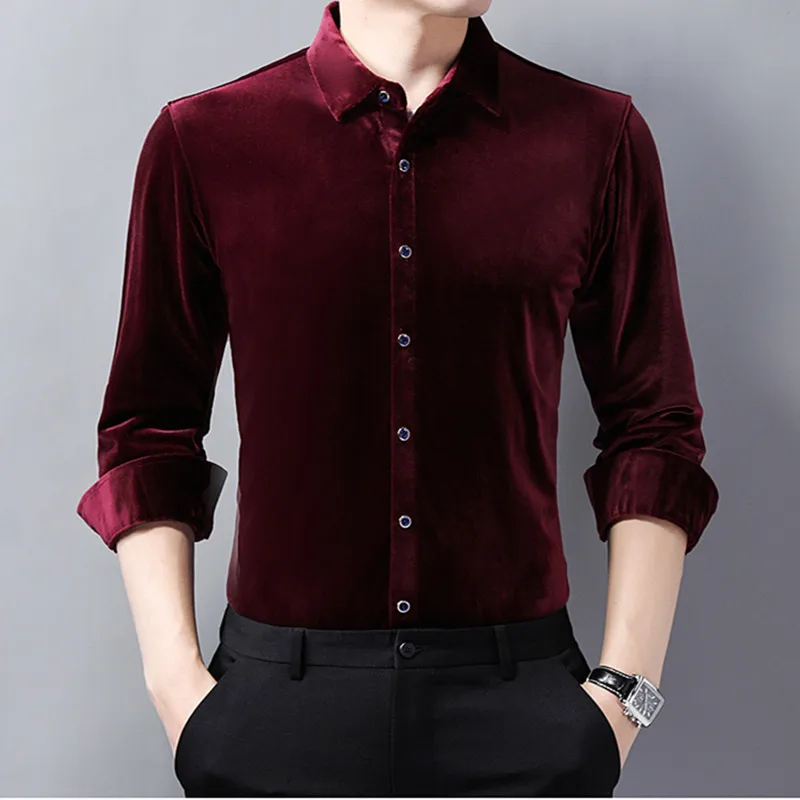 For Mens Purple Plush Big Size Blouse Velour Claret Shirts Burgundy Flannel Black