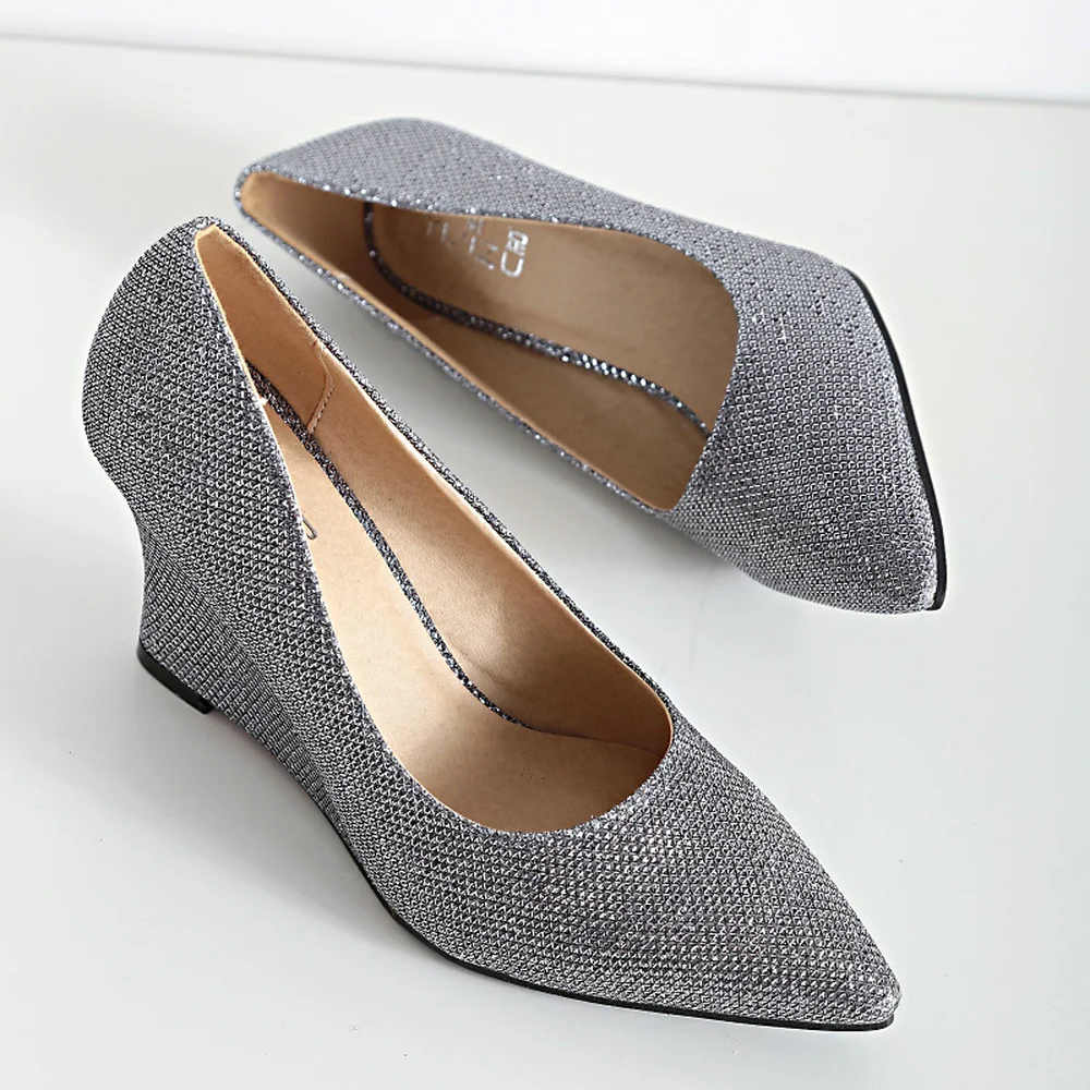 

Новинка весны 2019, женские туфли-лодочки в Корейском стиле, кожаные туфли на высокой танкетке с острым носком и блестками в европейском и аме...