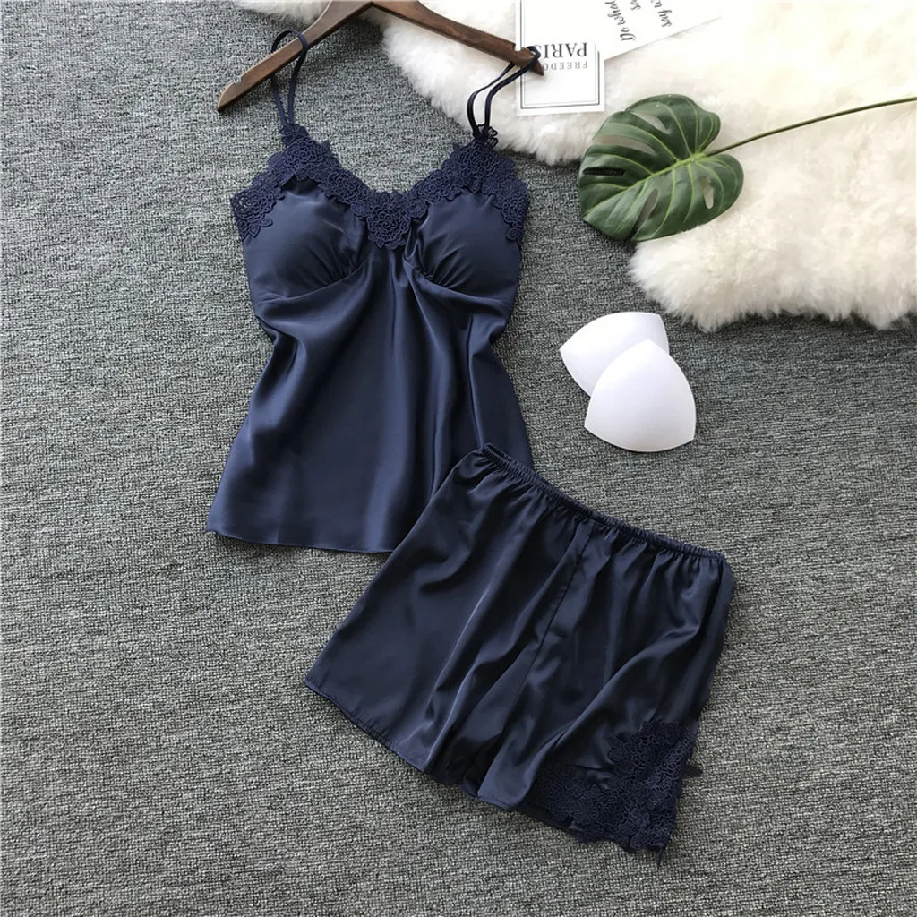 

Women's Sleepwear Sexy Satin Pajama Set for women Black Lace V-Neck Pyjamas Sleeveless Cute Cami Top with shorts Sleepwear Robes