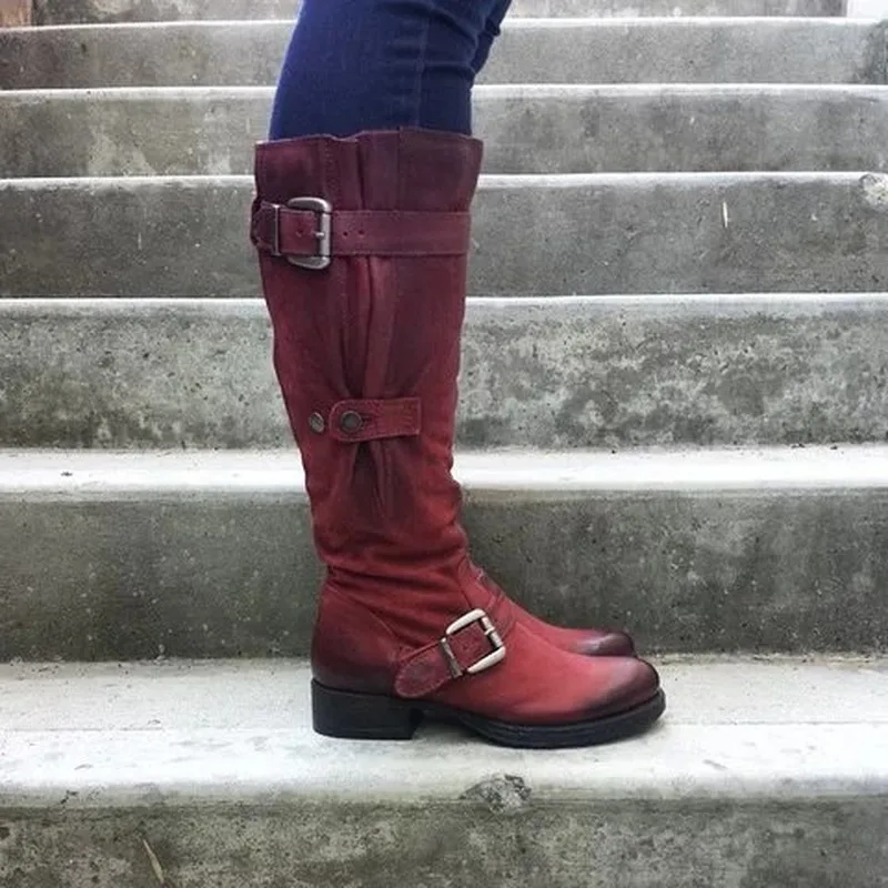 Женские сапоги до колена Туфли гладиаторы на не сужающемся книзу массивном низком каблуке Ботинки в