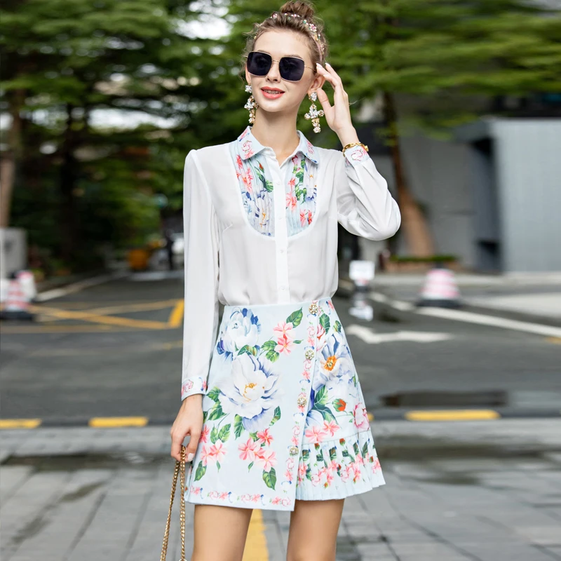 

Fashion Designer Autumn New High Quality Women Suit White Shirt Shirt Tops Diamond Pleated Skirt Party Print Elegant 2 Piece Set
