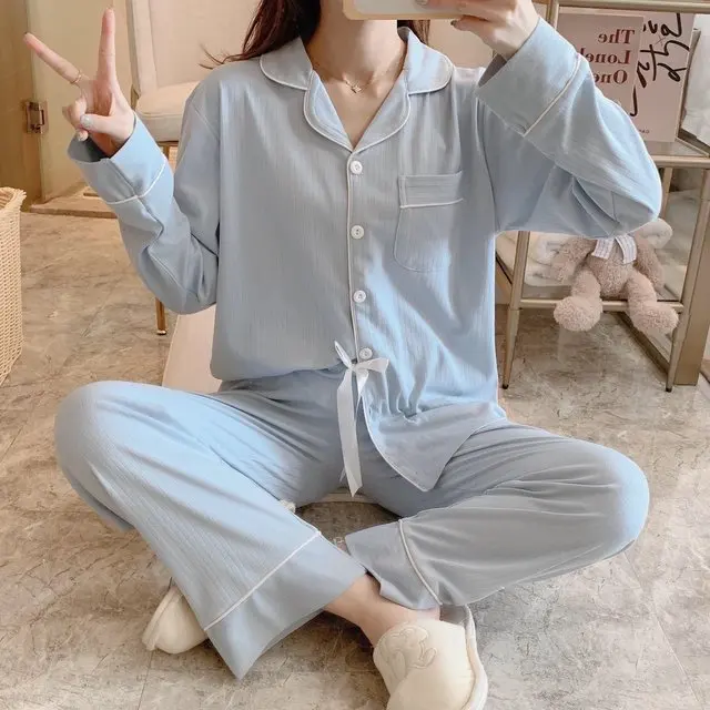 Simple Cardigan Women's Pajamas Set Pure Color Casual Female Pajamas Winter Thick Warm Nightwear Cotton Women Cute Bow Sleepwear