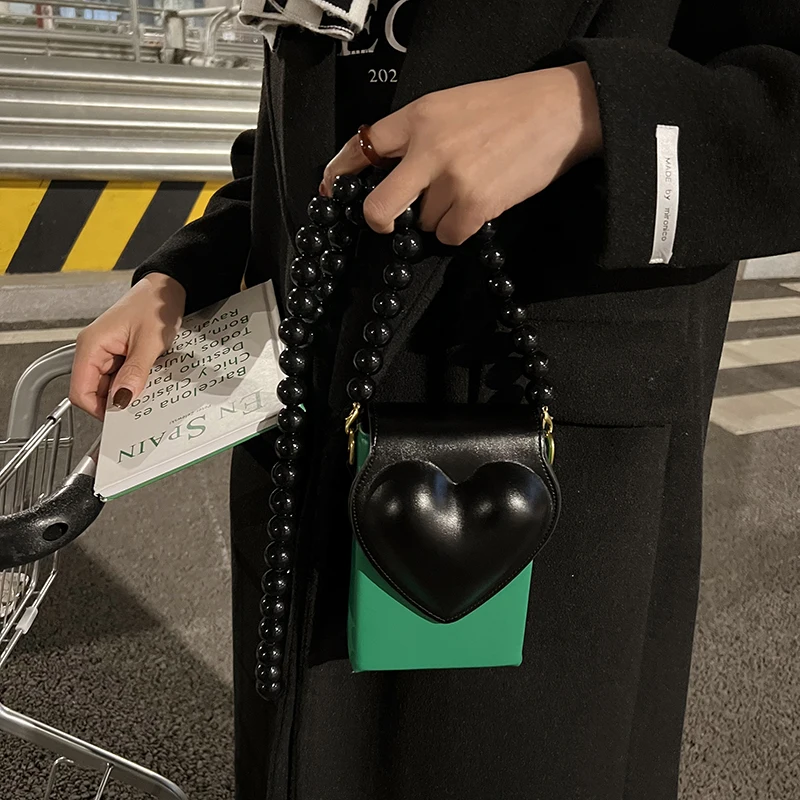 

Women's Heart Shoulder Bag Designer Beaded Crossbody Bag Brand 2021 New Lattice Mobile Phone Bag Box Coin Purse Female Handbags